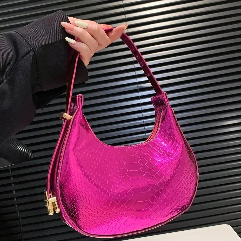 Hot Pink Elegant Women's Metallic Snakeskin Embossed Hobo Bag